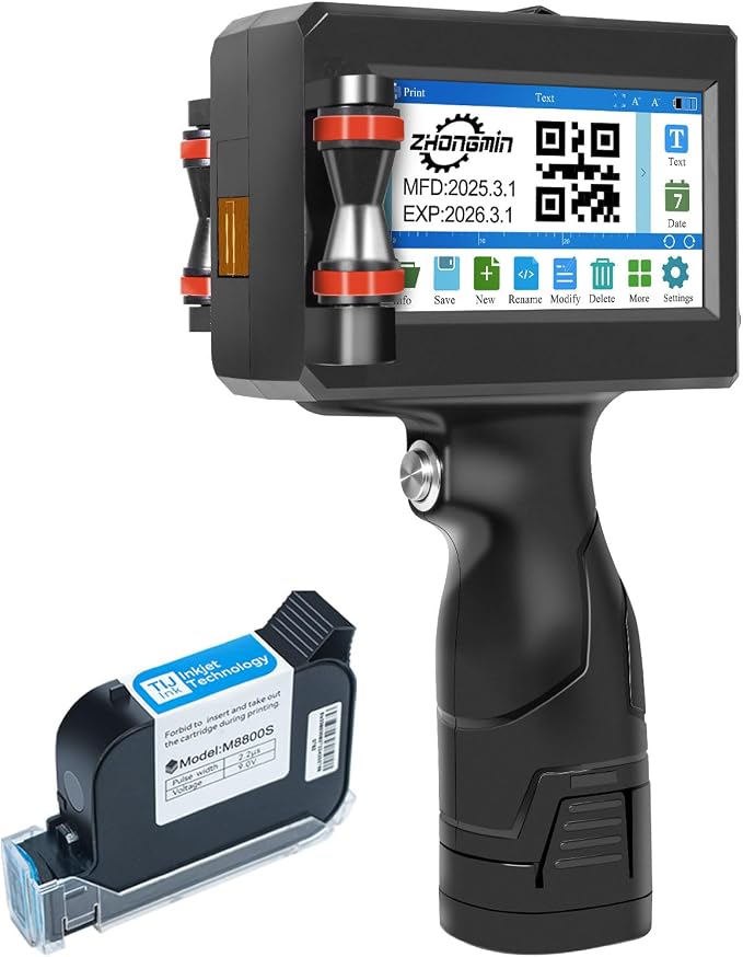 Handheld Inkjet Printer with 42ml Quick-Drying Ink Cartridge, Portable Ink Jet Coding Machine for Text/Date/Batch Number/QR Code/Barcode/Logo, Print Height from 0.08 to 0.5 Inch (ZM-C800)
