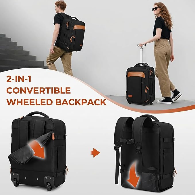 Vancropak Travel Backpack with Wheels, Rolling Backpack Fits 17.3" Laptop | Flight Approved Wheeled Luggage, Expandable Business Travel Suitcase, Womens Work Backpack, 3 Packing Cubes, Water Resistant