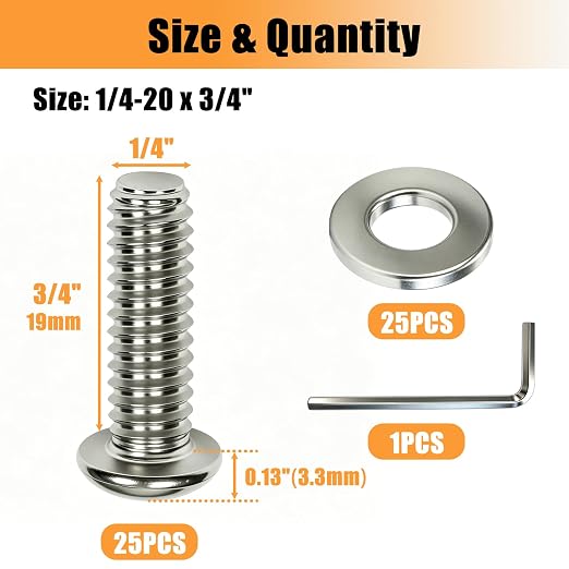 50Pcs 1/4-20 x 3/4" Button Head Socket Cap Screws, 304 Stainless Steel Bolts with Flat Washers and Hex Wrench, Fully Thread (25Set)