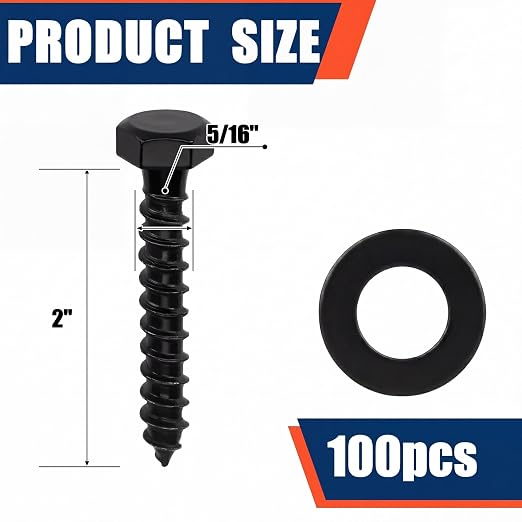 Tandefio 100 Pack 5/16''x2'' Hex Head Lag Bolts for Wood Ceramic Black Lag Screw Kit with Washers Heavy Duty Hot Dip Galvanized Coating Double Layer for Decks Fences