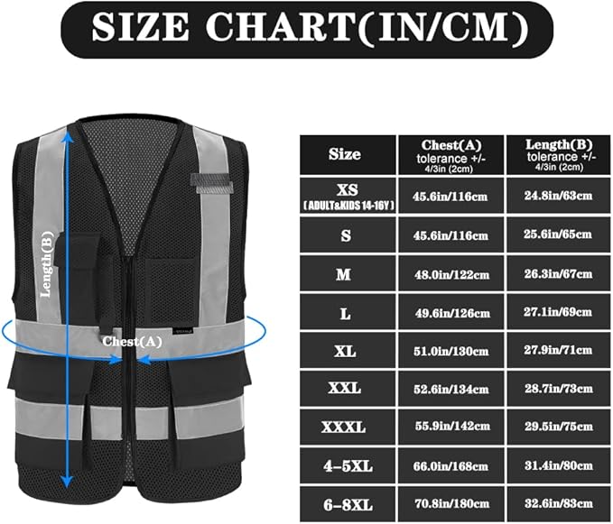A-SAFETY XSmall Black safety vest xs (Black Mesh XS) | Black XS breathable mesh vest with 7 pockets, black front zipper and reflective strips for security and warehouse work.