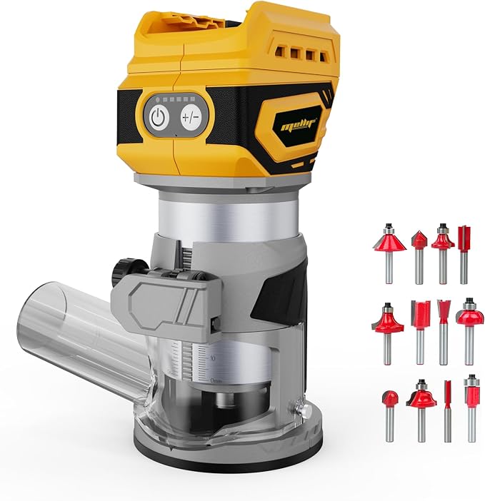 Cordless Brushless Compact Router Compatible with Dewalt 20V 60V Battery(Bare Tool),Palm Router with 5 Speed,28000RPM 600W, Fixed Base, 12PCS 1/4" Router Bits for Woodworking, Edge Trimming, Grooving