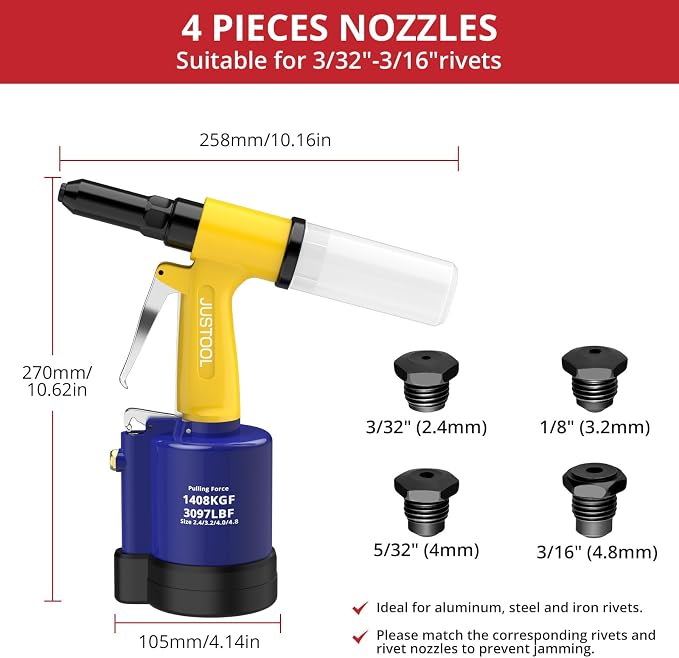 JUSTOOL Heavy Duty Pneumatic Rivet Gun 3097LBF Air Rivet Gun Set-3/32", 1/8", 5/32", 3/16" Air Riveter with NPT 1/4 inch Air Hydraulic Riveter for Automotive Construction Maintenance Industries & DIY