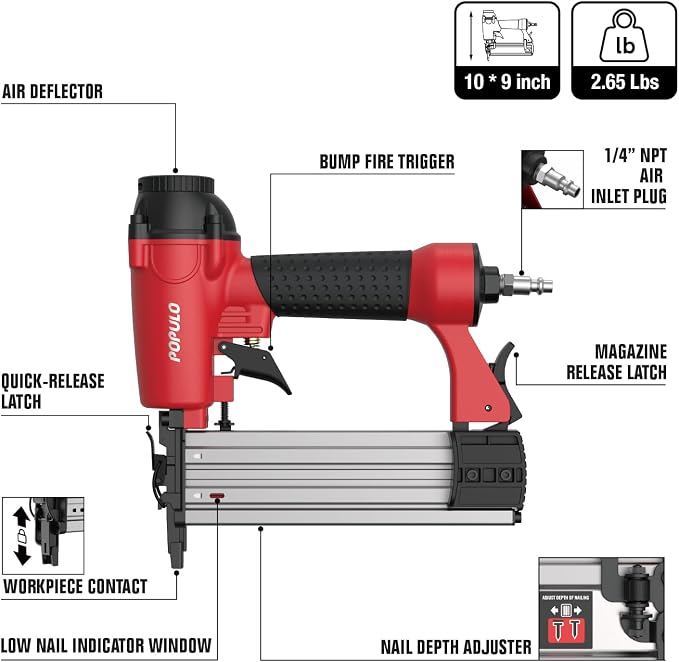 POPULO Pneumatic Brad Nailer & Staple Gun, 18 Gauge Air Powered Nail Gun, Requires External Air Compressor, Includes 1600 Nails & Staples for Upholstery, Trim, Furniture & Woodworking