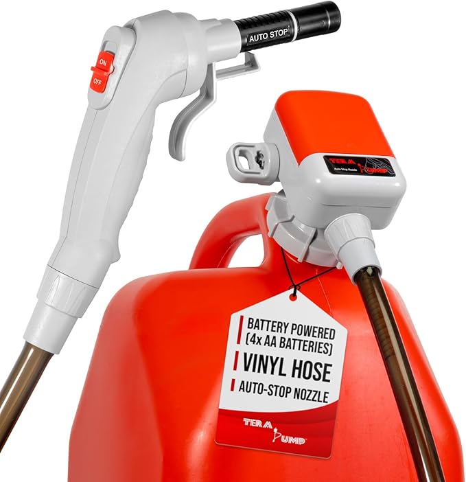 TERA PUMP TRFA03 Universal Gas Can Adapter Battery Powered Fuel Transfer Pump (2.6 GPM) No Spill Sensor, 3.28 ft Vinyl Hose, Power Nozzle, 4 x AA Power