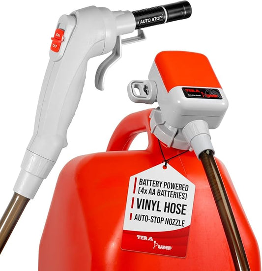 TERA PUMP TRFA03 Universal Gas Can Adapter Battery Powered Fuel Transfer Pump (2.6 GPM) No Spill Sensor, 3.28 ft Vinyl Hose, Power Nozzle, 4 x AA Power