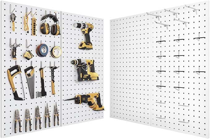 Pegboard, Metal Peg Board, 24x12 inch White Pegboard with 38 Pcs Hooks, Sturdy Peg Board for Garage Tool Organization, Home & Office Wall Decoration (White, 2 Pack)