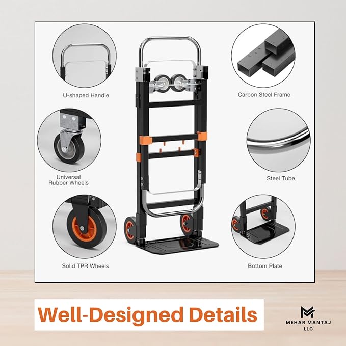 Folding Hand Truck 500lbs Capacity – Heavy Duty Alloy Steel Utility Cart with Adjustable Handle & Foldable Platform – Portable Moving Dolly with Smooth Wheels for Warehouse, Office, Home & Travel Use