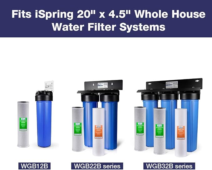 iSpring FC25B Whole House Water Filter Replacement Cartridge, CTO Carbon Block, 20” x 4.5” & FP25B High Capacity 20” x 4.5” Water Replacement Cartridge Fine Sediment Filter, 5 Micron, 1 Piece, White