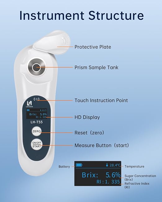 3-in-1 Digital Brix Refractometer with ATC/Refractive Index(RI), 0-95% Brix Measurement Range, High Accuracy Fast Touchscreen Test for Honey/Maple Syrup/Fruit Juice/Coffee | Digital Brix Refractometer with ATC 0-95%