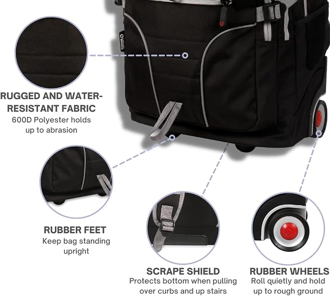 J World Lunar Rolling Backpack. Laptop Bag With Wheels. Wheeled Carry-On Travel Luggage, Black, 19.5 x 13 x 8 Inches