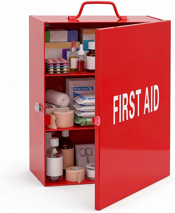 Timgle 1 Pcs First Aid Kit with Lock 3 Shelf Wall Mount Medicine Cabinet with Key Lock Handle Locking Medical Cabinet Lightweight Medium Wall Organizer Steel Storage Box for Business Worksite (Red)