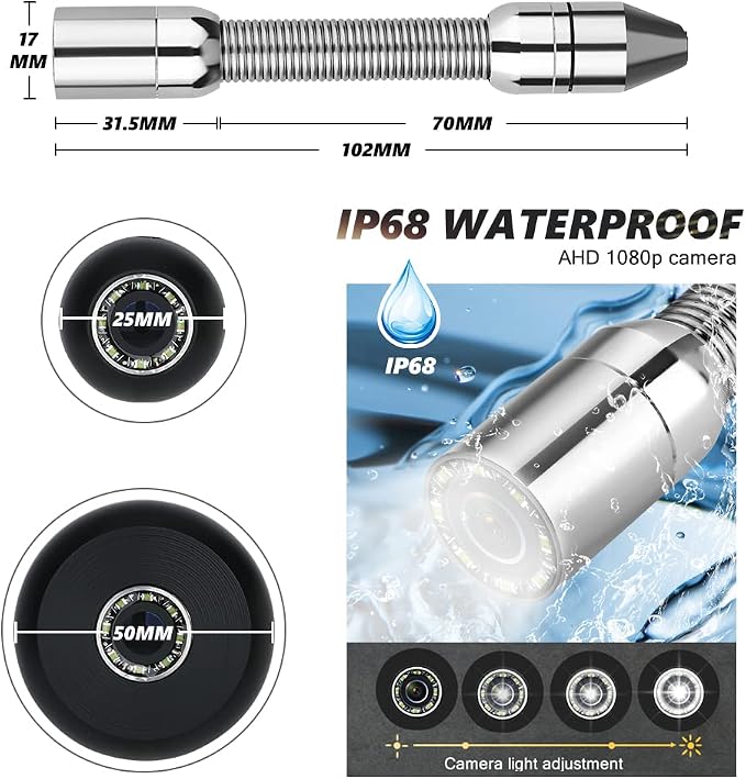 17MM Sewer Camera, Pipe Inspection Camera with 16GB TF Card, 9" Monitor, AHD 720P, 25M/82ft, Silver, Waterproof