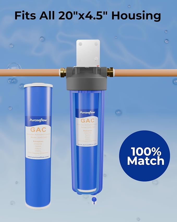 20x4.5 Inch GAC Water Filter, Granular Activated Carbon Replacement Cartridge, High Flow Whole House Chlorine, Taste & Odor Reduction, Coconut Shell, Fits Standard 20" Housings