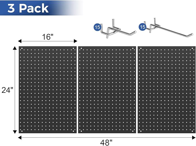 3 Pcs 24”×16”Metal Pegboard Panels, Heavy Duty Peg Boards with Hooks, Steel Organization Panels for Garden Tool Storage, Walls Home, Office, Black