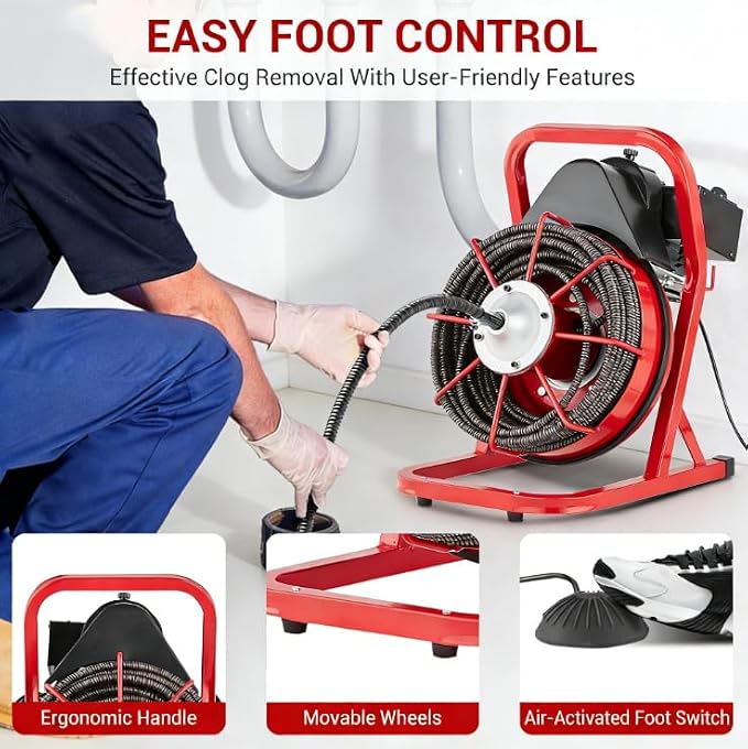 Garvee 75FT x 1/2 Inch Drain Cleaner Machine, 400W Portable Drain Cleaning Machine Snake with 6 Cutters & Foot Switch for 1" to 4" Pipes, Heavy Duty Sewer Auger for Sinks, Toilets, Showers