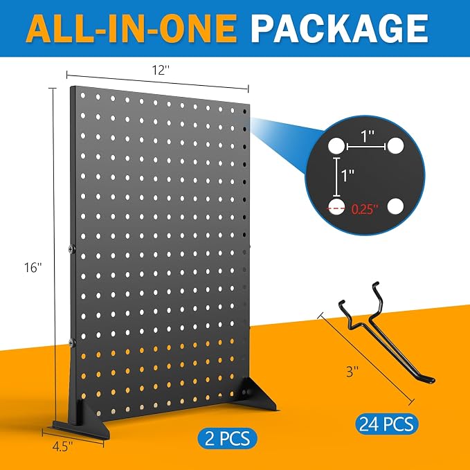Peg Board Display Stand for Vendors, 2Pcs Black Pegboard Display Stand with 24 Hooks, Free Standing Pegboard Display, Tabletop Hanging Display Stand for Craft Shows, Keychain, Jewelry(16*12 inch)
