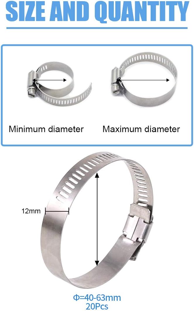Glarks 100Pcs Adjustable 8-44mm Range 304 Stainless Steel Worm Gear Hose Clamps Assortment Kit+ 20pcs Adjustable 40-63mm Range 304 Stainless Steel Worm Gear Hose Clamps