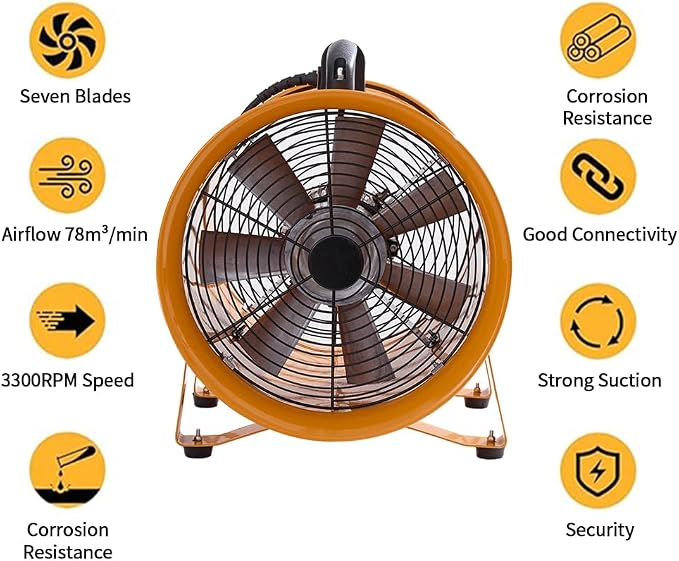 12-Inch Industrial Portable Air Blower Ventilator, 3300 CFM Heavy-Duty Tube Exhaust Fan, 550W High-Velocity Low-Noise Air Mover for Extraction, Ventilation (12 Inch Blower Fan)