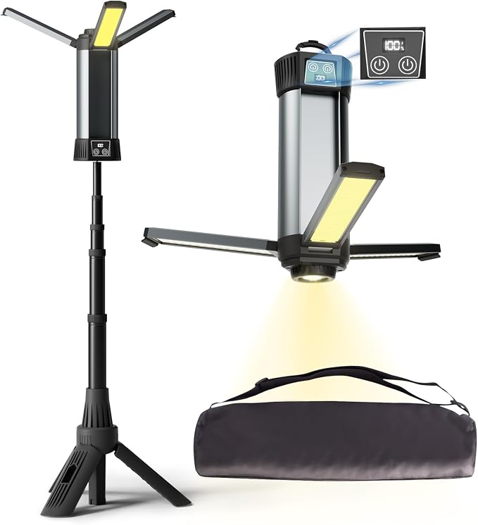 Rechargeable Work Light with Stand, Magnetic Base, Hook & Tripod (Small) | 6000mAh battery, Telescopic tripod,Magnetic base, Hanging hook, 3 metal floor spikes, Storage bag, Camping