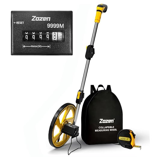 Zozen Measuring Wheel in Meters, Foldable Meters Measure Wheel | Metric Units [Up to 9,999m], Rolling Measurement with Backbag, One Key to Reset/Kickstand to Keep Stand/Starting Point Arrow.