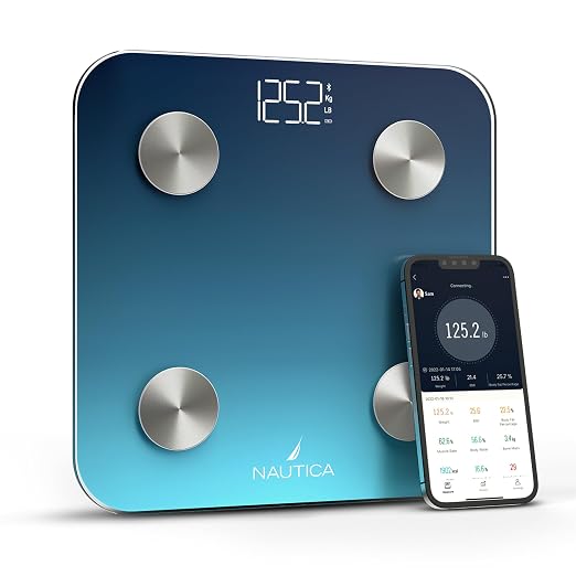 Nautica Body Tracker Digital Bathroom Scale, Bluetooth-Enabled Smart Scale with BMI, Body Fat, Muscle Mass Tracking & More, Syncs with Smartphone App for Body Composition Tracking, 396 Lbs.