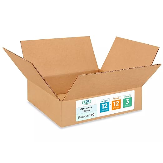 IDL Packaging - B-12123-10 12"L x 12"W x 3"H Medium Cardboard Box (Pack of 10) for Moving, Shipping or Storage, Made in USA, 100% Recyclable, Brown. Packaging Boxes for USPS, UPS, FedEx Shipping