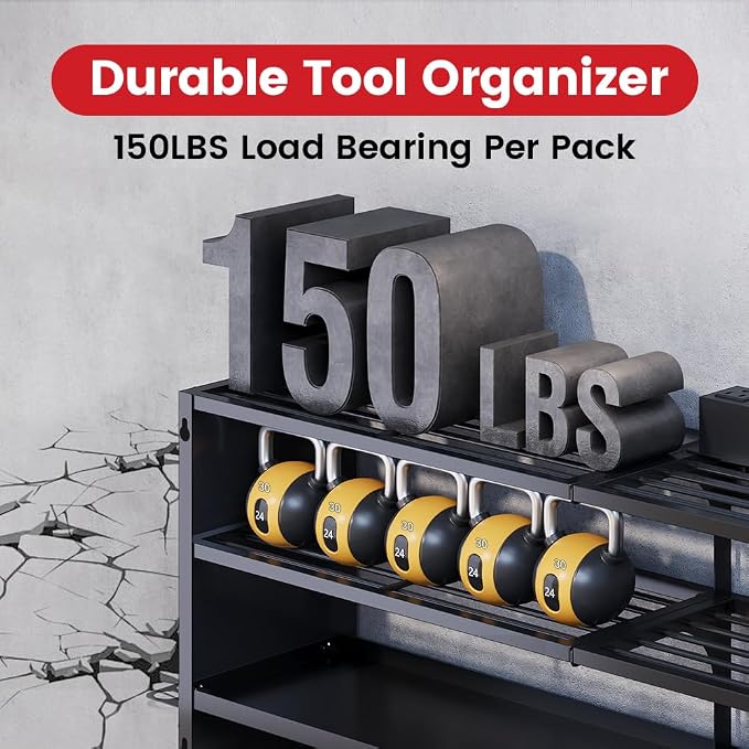 53" Power Tool Organizer Wall Mount with Power Strip, Black Heavy Duty Metal Tool Shelf, 400lbs Capacity for Cordless Drills, Batteries & Garage Storage (12 Slots with 8 Outlets Power Strip)