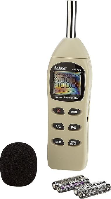 Extech 407730 Digital Sound Level Meter 40-130dB | 0.1dB resolution, 2dB accuracy, analog bargraph, max/min, max hold, auto power off, windscreen