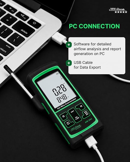 Hot Wire Anemometer AM-284 – HVAC Airflow Meter for Duct and Vent Testing, CFM/CMM Air Volume Calculation, Wind Speed & Temperature Measurement, Straight Telescopic Probe, USB PC Software