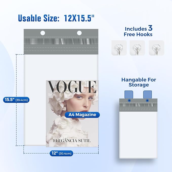 Fuxury Poly Mailers 12x15.5 300PC (Upgraded Version) Shipping Bags for Clothing with Easy-Open Tear Strip & Hangable for Easy Use, Self-Seal Shipping Envelopes Mailing Bags for Small Business in White