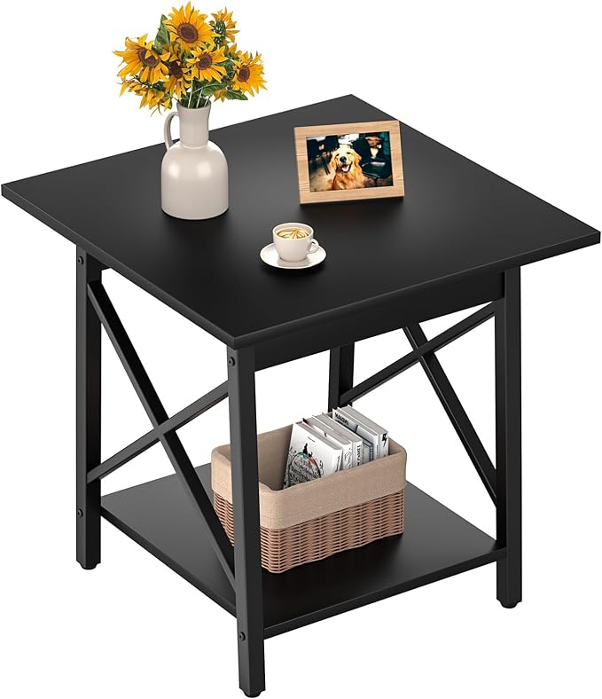 GreenForest Square End Table 24 Inch with X-Frame 2-Tier Storage | Nightstand for Living Room & Bedroom, Rustic Decor, Sturdy, Waterproof Scratchproof Top, Easy Assembly, Black