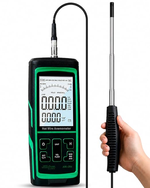 Hot Wire Anemometer AM-284 – HVAC Airflow Meter for Duct and Vent Testing, CFM/CMM Air Volume Calculation, Wind Speed & Temperature Measurement, Straight Telescopic Probe, USB PC Software