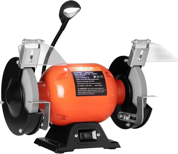 VEVOR Bench Grinder, 6-inch Single Speed Bench Grinder, 3450RPM High-Speed Table Grinders with 250W 2.1A 1/3Hp Induction Motor, 36/60-Grit Grinding Wheels & LED Work Light for Fast Sharpening Grinding