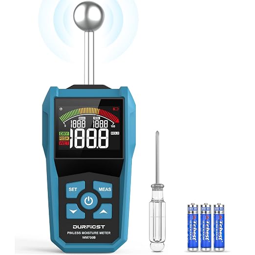 Wood Moisture Meter, DURFICST Pinless Moisture Meter with Colour LCD Display and Audible Alarm, Moisture Reader for All Building Materials, Wood, Wall, Plaster, Masonry…