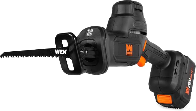 WEN 20V Max Cordless Reciprocating Saw, Brushless Compact One-Handed Design with 4.0 Ah Lithium-Ion Battery and Charger (20631)