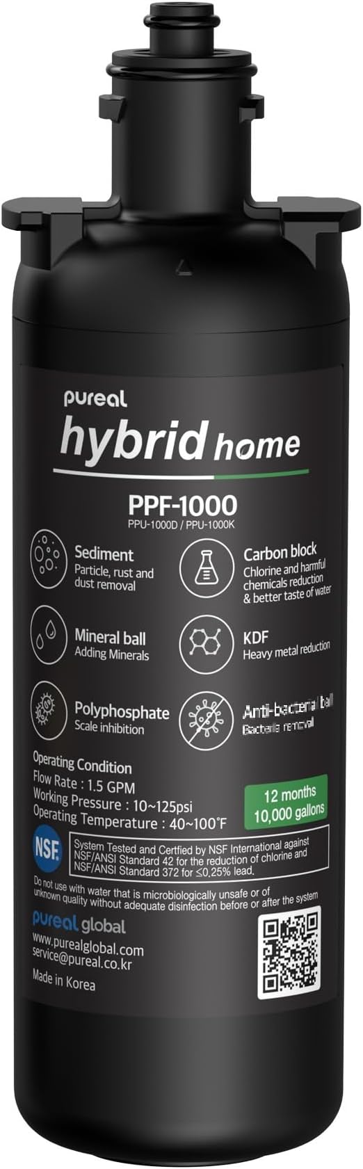 Pureal Under Sink Water Filter Replacement Cartridge, Full System NSF/ANSI 42&372 Certified, Removes PFAS, Lead, Chlorine, Bad Taste & Odor, 10,000 Gallons, 2-Year, 10-Inch, Made in Korea (PPF-1000)