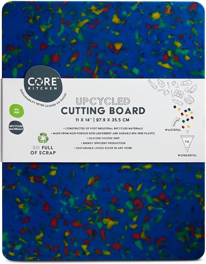 Core Kitchen Rainbow Confetti on Blue 11 x 14 Inch Recycled Plastic Charcuterie Platter Chopping Cutting Board with Non-Slip Footing, Kitchen Display Tray, 46373