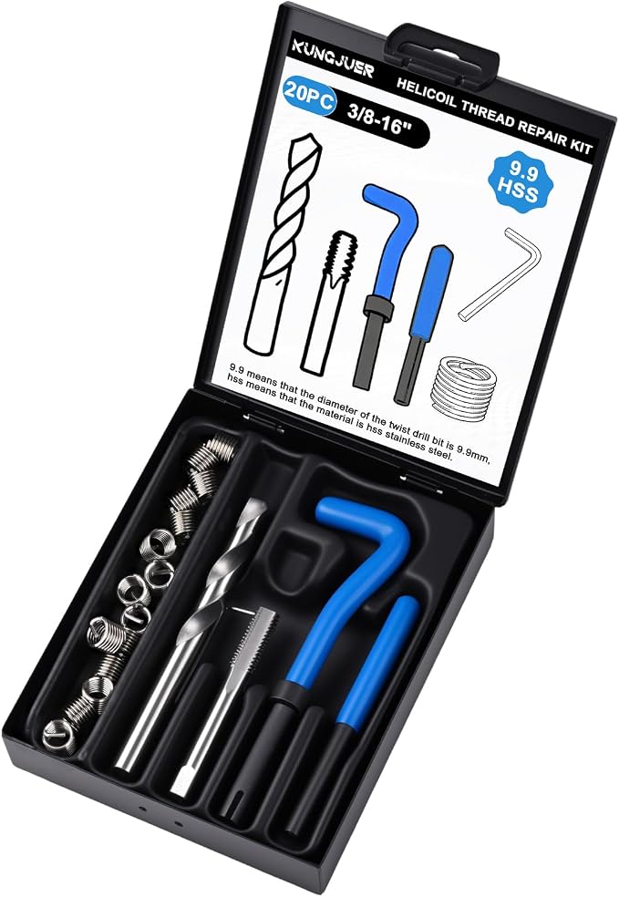 20PC SAE Helicoil Thread Repair Insert Kit, 3/8-16 inch Rethread | helicoil Thread Repair kit with HSS Drill Bits, Rethreading Inserts Tool Set for Damaged Thread Repairing with Carry Case