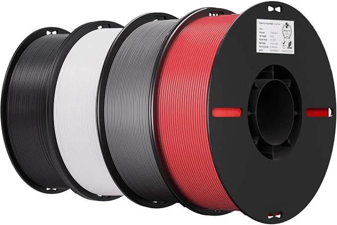 Creality 4 Pack PLA 1.75mm Filament Bundle for 3D Printing with No-Tangling Strong Bonding and Overhang Performance, Accuracy +/- 0.02mm (Black,White,Grey,Red)