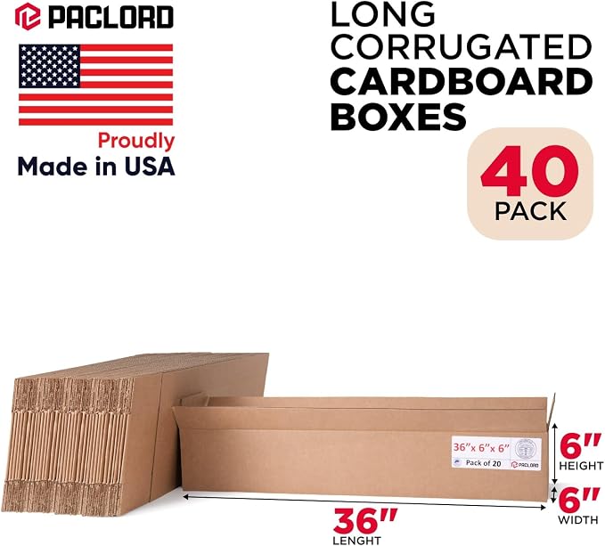 Long Cardboard Boxes 36"L x 6"W x 6"H (Pack of 40) - USA-Made Packing Boxes for Moving, Shipping, or Storage - USPS, UPS, FedEx Approved - Professional Packing Supplies for Moving | USA-Made Packing Boxes for Moving, Shipping, or Storage - USPS, UPS, F...