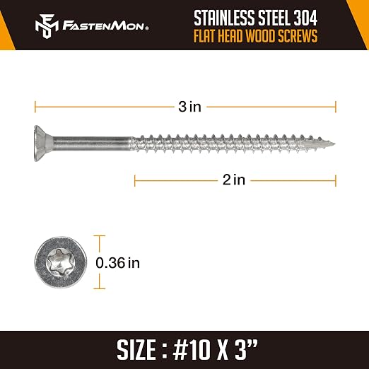 304 Stainless Steel Deck Screws, #10 x 3, 100 PCS | Torx Flat Head Type 17 Point with T25 Bit, Ideal for Outdoor Wood Projects, Fences, Benches, Picnic Tables, Decks, Bulk Box