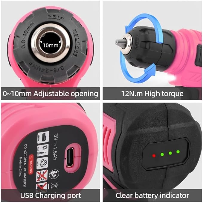 133-Piece Pink Electric & Manual Tool Set for lady - USB Rechargeable Handheld Screwdriver, Claw Hammer, Drill Bits, Essential Accessories, Portable Storage Case, Ideal Gift for Women