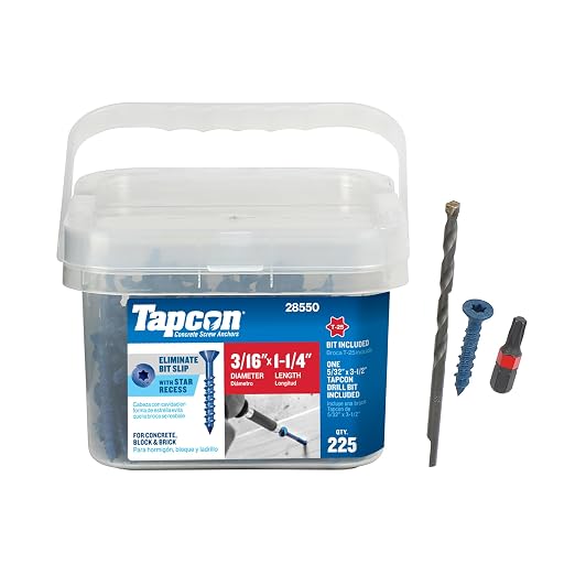 Tapcon 3/16 x 1-1/4 Inch Blue Climaseal® Star Head Concrete Anchors, 225 PCS, Corrosion Resistant Coating, Heavy-Duty Concrete and Masonry Screws, Superior Holding Strength, Drill & T-25 Bit Included
