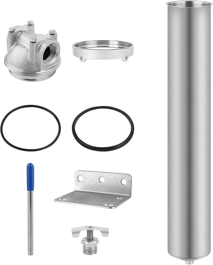 NSF/ANSI 42 Stainless Steel Whole House Water Filter Housing, 20" x 2.5" Sediment Water Filter System for Heavy Duty, Well & City Water, 1" NPT Port, Drain Valve Style A(Wing)