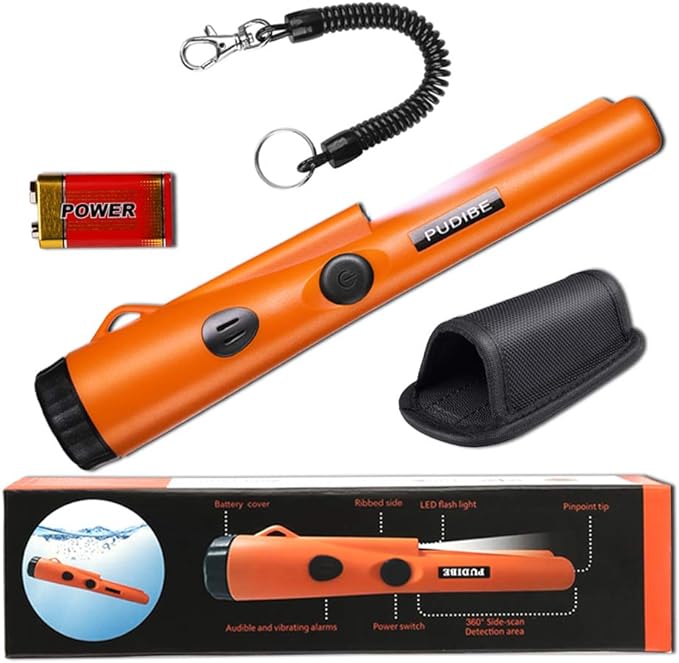 Pinpoint Metal Detector Pinpointer - Fully Waterproof with Orange Color Include a 9V Battery 360 Search Treasure Pinpointing Finder Probe with Belt Holster for Adults and Kids(Three Mode)