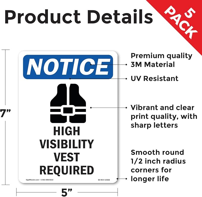 High Visibility Vest With Symbol OSHA Notice Vinyl Decal Label 7 Inch x 5 Inch - 5 Pack