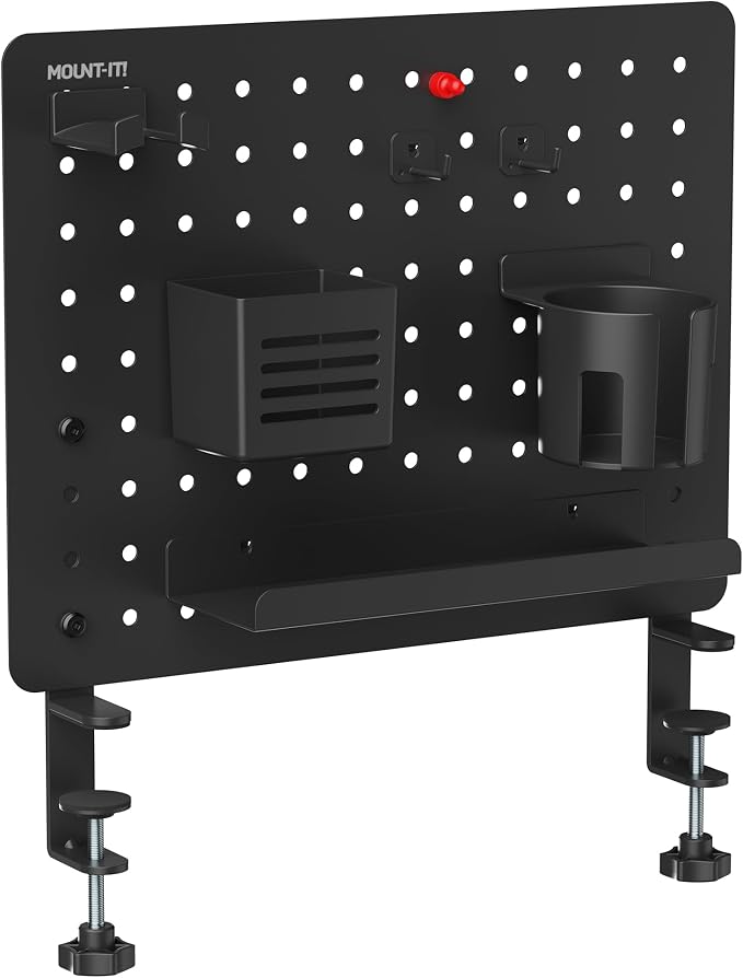Mount-It! Clamp-On Desk Pegboard Organizer, Magnetic Metal Peg Board with 7 Accessories, 16.5" x 15.9", Vertical or Horizontal, No-Drill Desktop Storage for Home Office, Gaming & Crafting, Black
