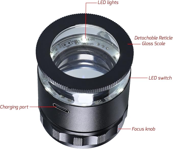 10X Rechargeable Jewelers Loupe Magnifier with LED Lights and 3 Reticle Scales, 25 mm Field of View, Adjustable Focus LED Scale Loupe Jewelry Magnifying Glass for Gems, Coins, Watch, Stamps, Plants