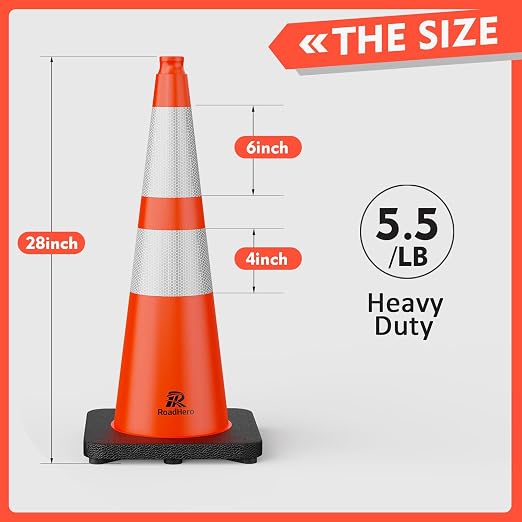 RoadHero 8 Pack Traffic Safety Cones 28 Inch with Black Weighted Base, Orange Cones with Reflective Collars for Parking Lot, Road Safety, Construction Events